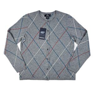 Lands End Cashmere Cardigan Sweater Womens Petite M 10-12 Button Up Argyle Gray